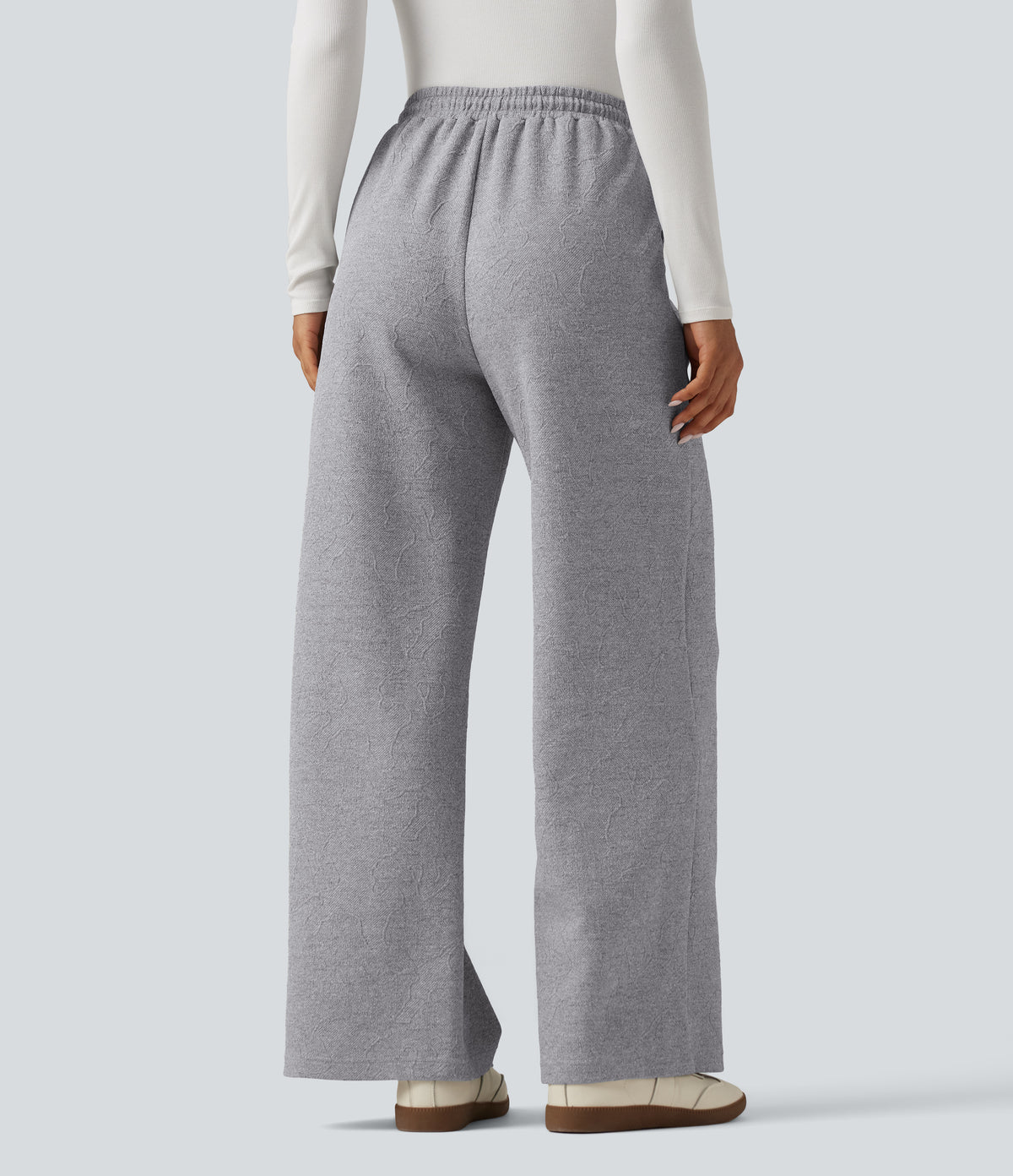 High Waisted Jacquard Patterned Wide Leg Casual Joggers with Pockets — Koala Grey — view 2