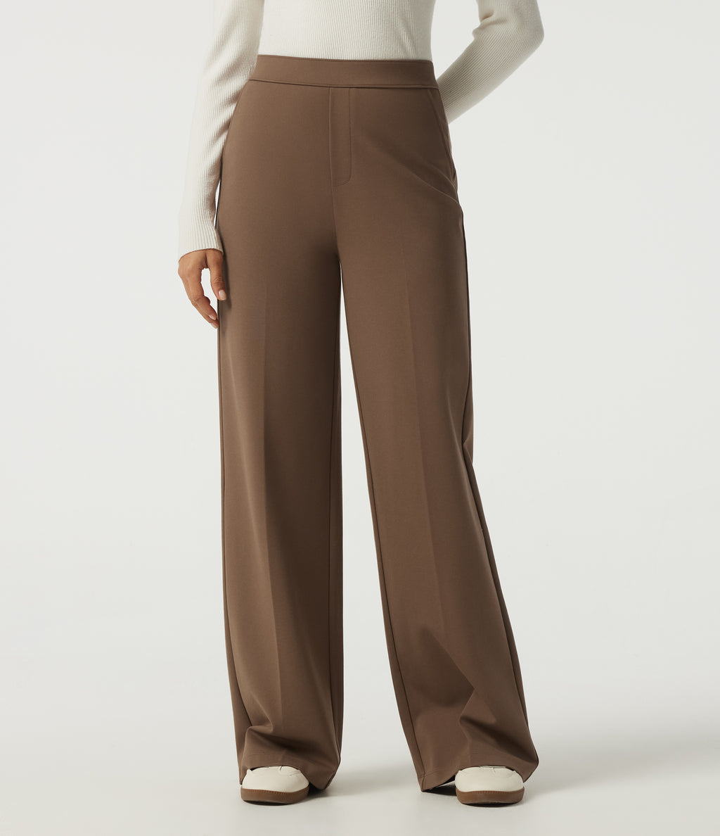 High Waisted Wide Leg Work Trousers with Pockets — Cocoa Brown — view 1