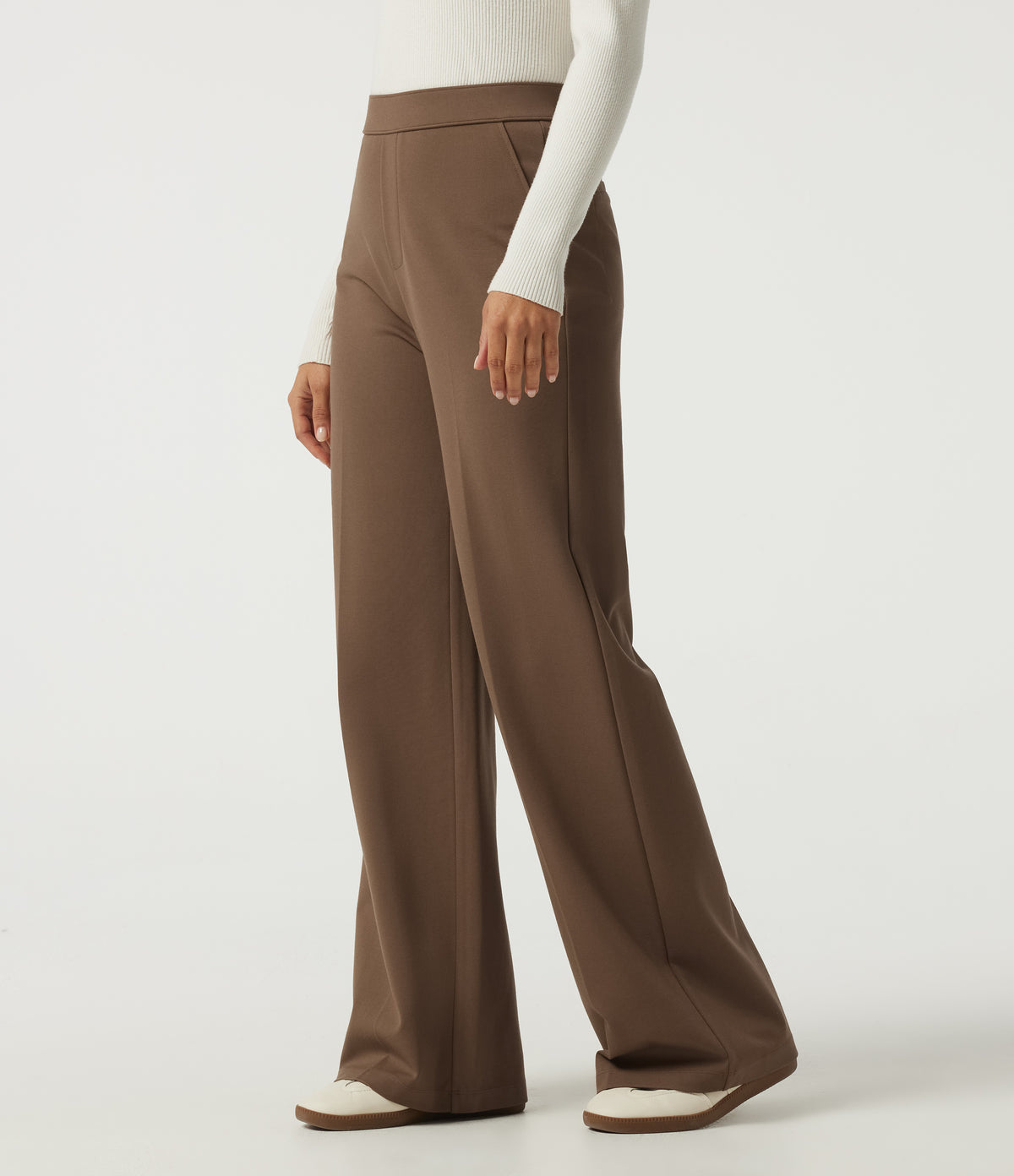 High Waisted Wide Leg Work Trousers with Pockets — Cocoa Brown — view 3