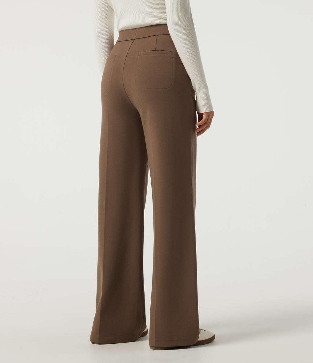 High Waisted Wide Leg Work Trousers with Pockets — Cocoa Brown — view 2