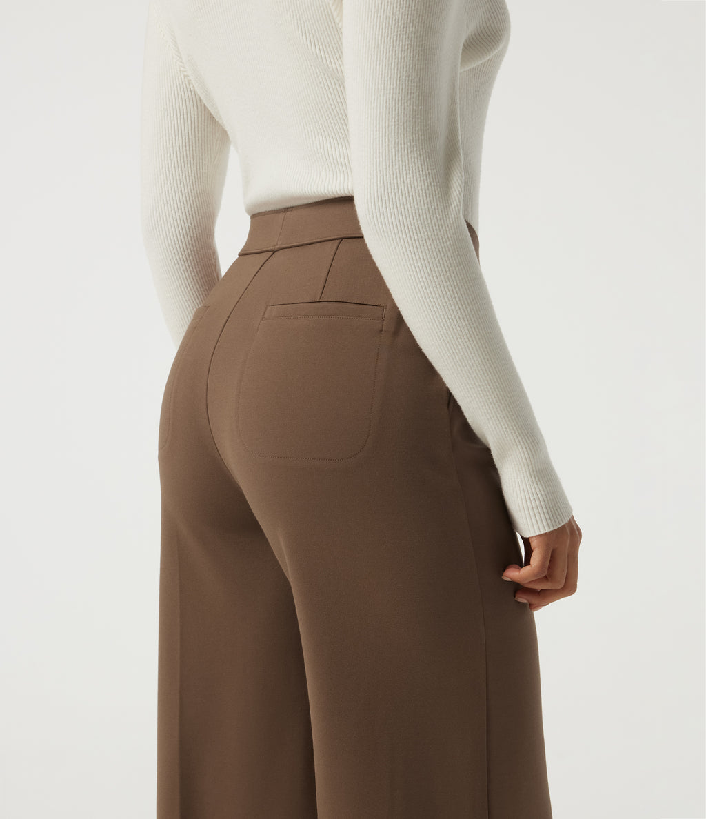 High Waisted Wide Leg Work Trousers with Pockets — Cocoa Brown — view 5