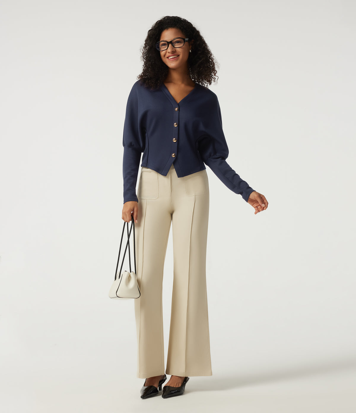 V Neck Batwing Long Sleeve Work Jacket — Midnight Blue — view 7