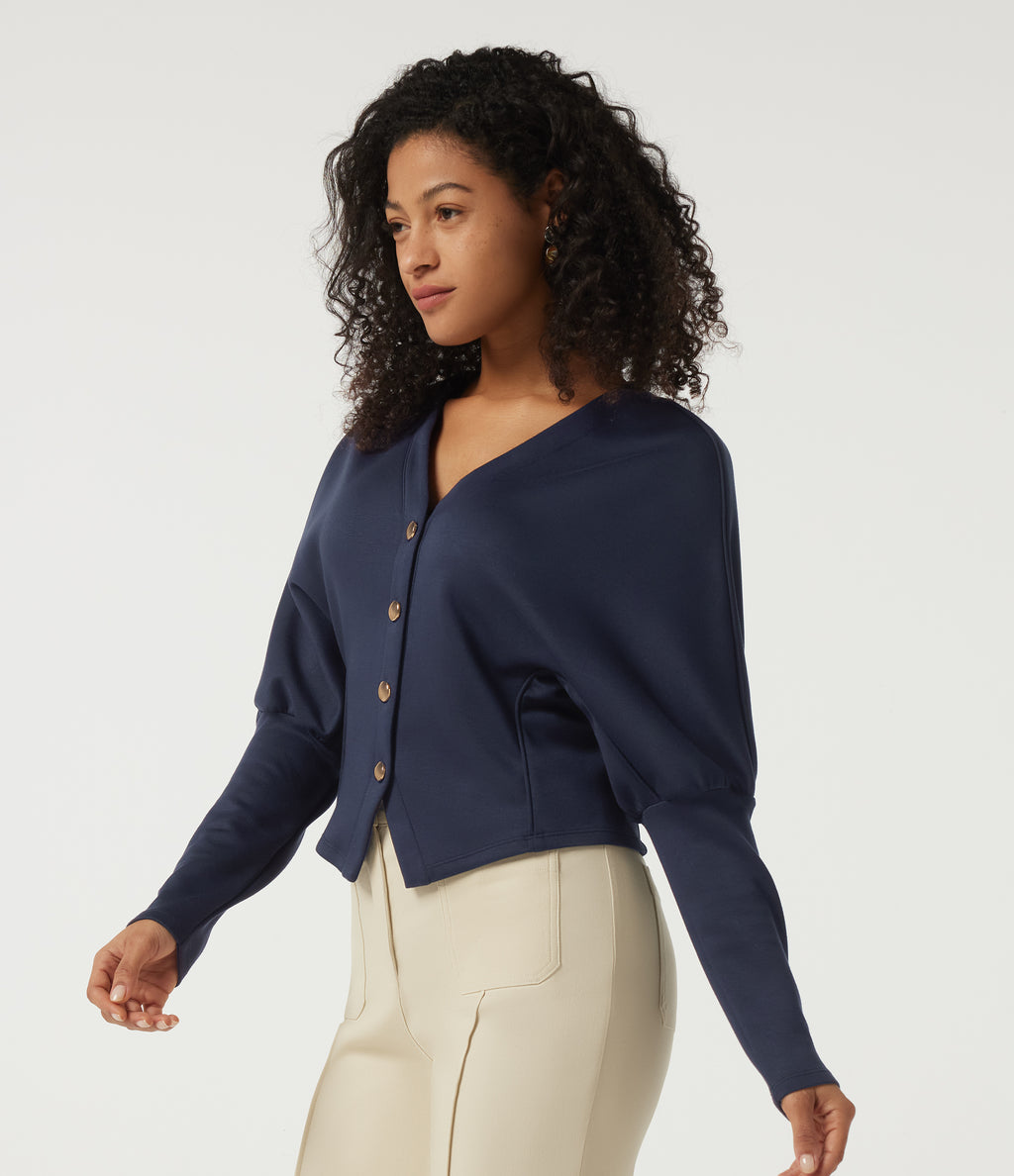 V Neck Batwing Long Sleeve Work Jacket — Midnight Blue — view 3