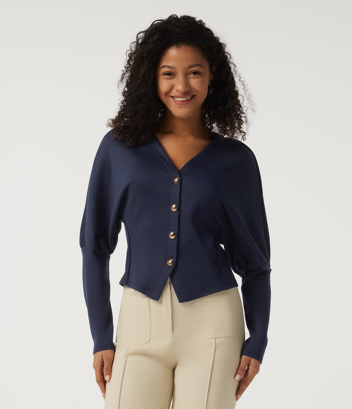 V Neck Batwing Long Sleeve Work Jacket — Midnight Blue — view 1