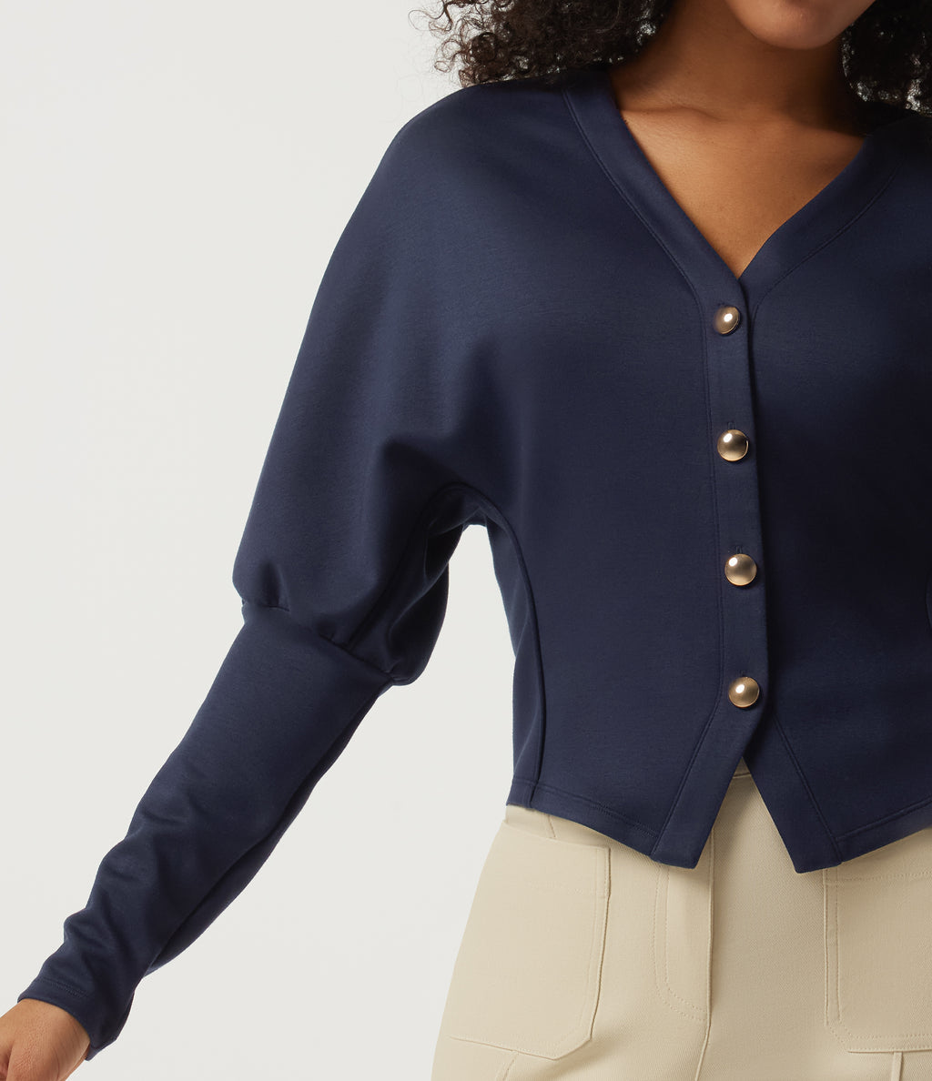V Neck Batwing Long Sleeve Work Jacket — Midnight Blue — view 5