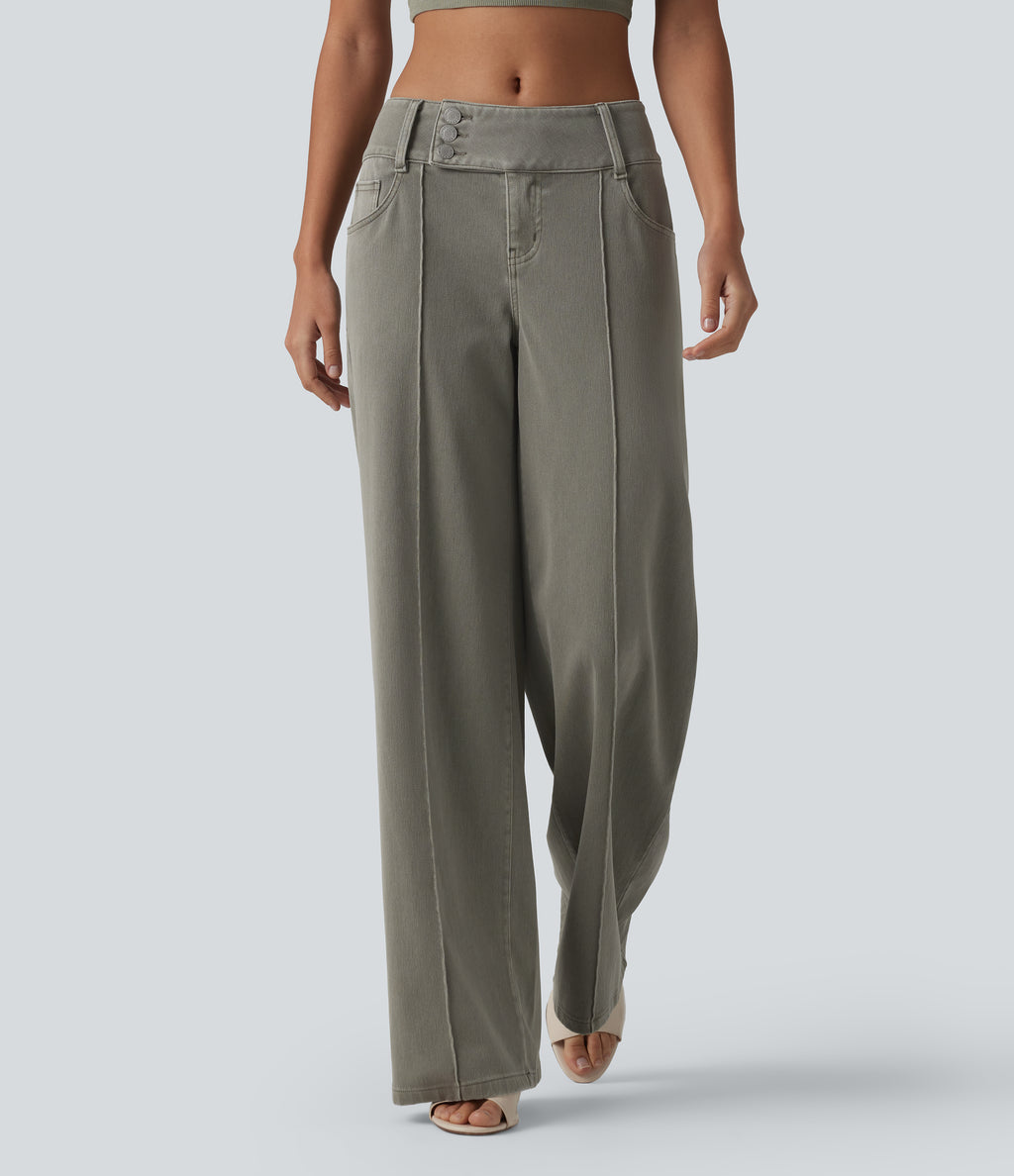 Low Rise Straight Leg Colorful Work Jeans with Pockets — Meadow Soft Green — view 1