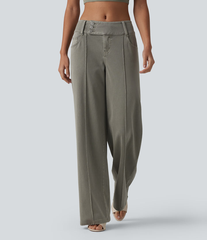 Low Rise Straight Leg Colorful Work Jeans with Pockets — Meadow Soft Green — view 1