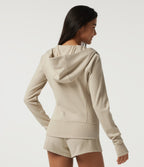 Hooded Raglan Long Sleeve Fleece Workout Sweatshirt with Pockets and Thumb Holes — Oat Cream White — view 2