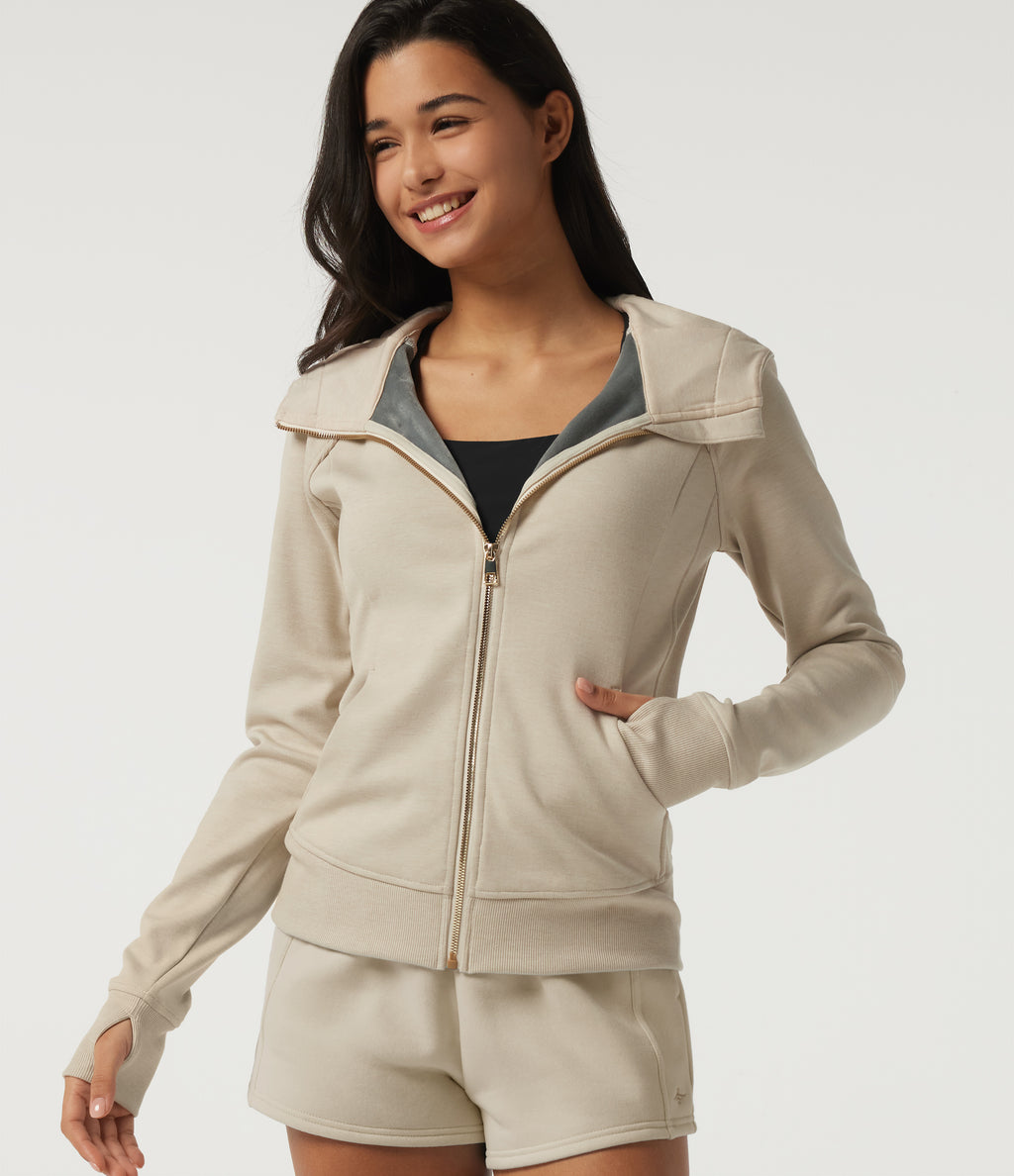 Hooded Raglan Long Sleeve Fleece Workout Sweatshirt with Pockets and Thumb Holes — Oat Cream White — view 1