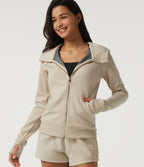 Hooded Raglan Long Sleeve Fleece Workout Sweatshirt with Pockets and Thumb Holes — Oat Cream White — view 1