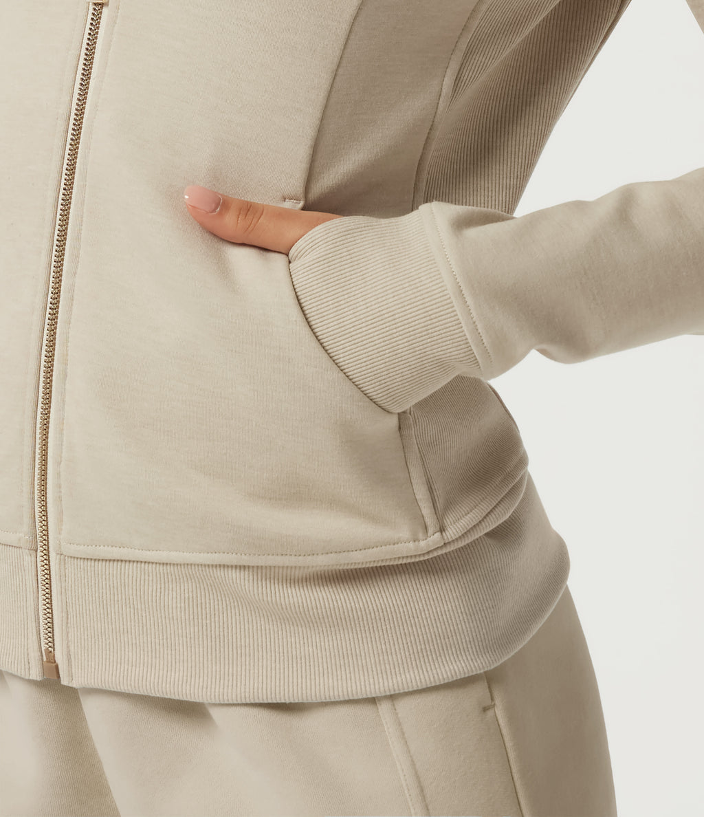 Hooded Raglan Long Sleeve Fleece Workout Sweatshirt with Pockets and Thumb Holes — Oat Cream White — view 8