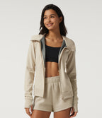 Hooded Raglan Long Sleeve Fleece Workout Sweatshirt with Pockets and Thumb Holes — Oat Cream White — view 5