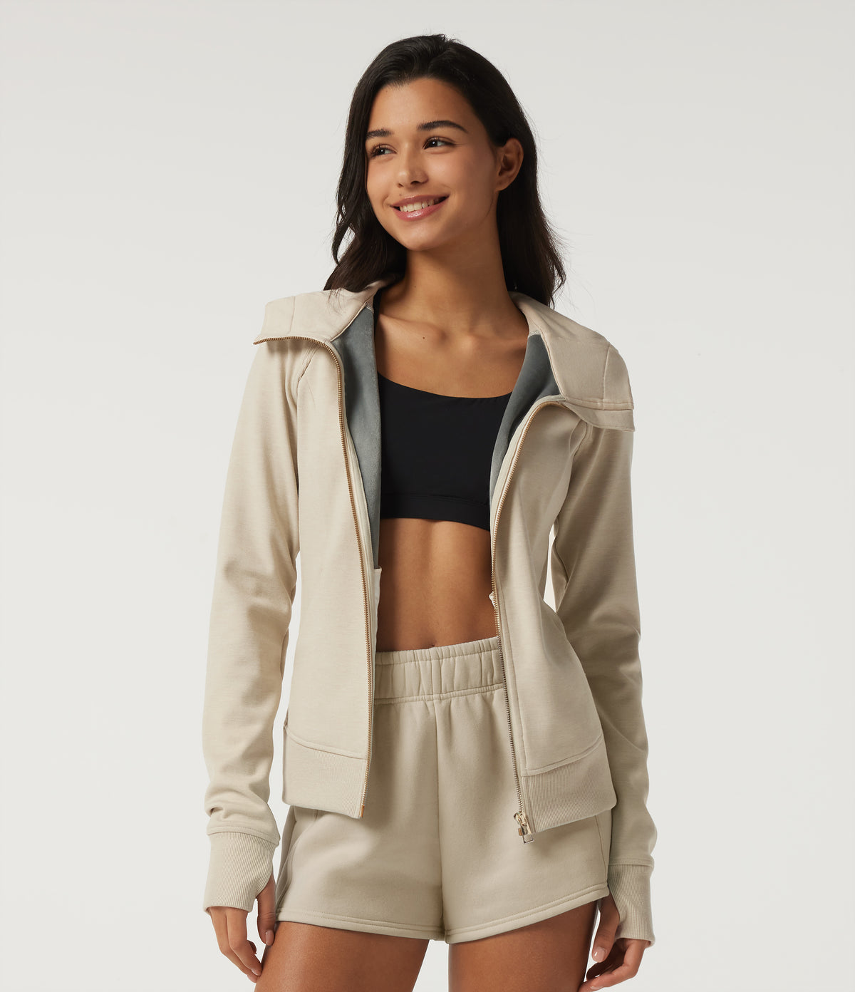 Hooded Raglan Long Sleeve Fleece Workout Sweatshirt with Pockets and Thumb Holes — Oat Cream White — view 5