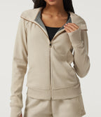Hooded Raglan Long Sleeve Fleece Workout Sweatshirt with Pockets and Thumb Holes — Oat Cream White — view 6