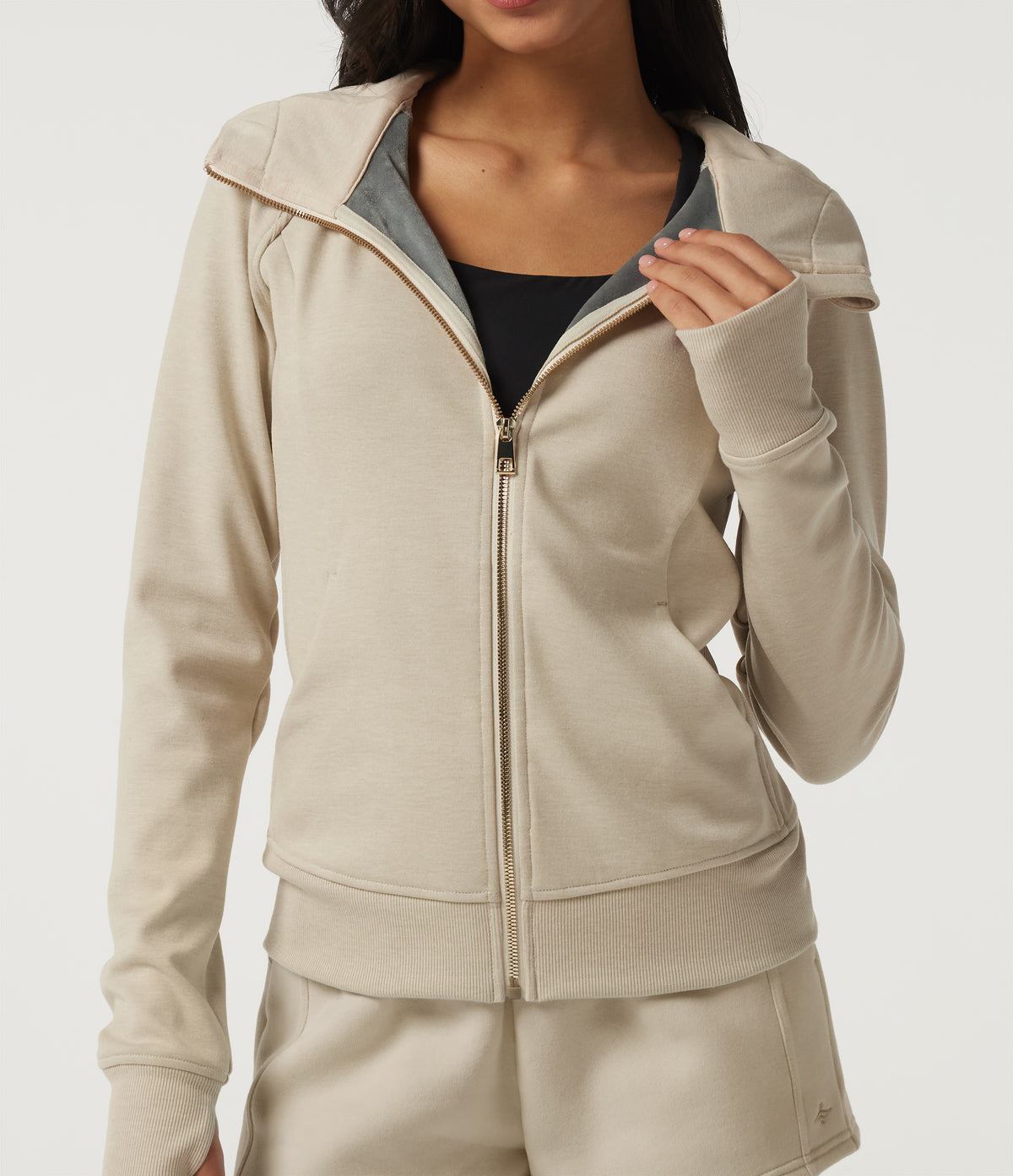 Hooded Raglan Long Sleeve Fleece Workout Sweatshirt with Pockets and Thumb Holes — Oat Cream White — view 6