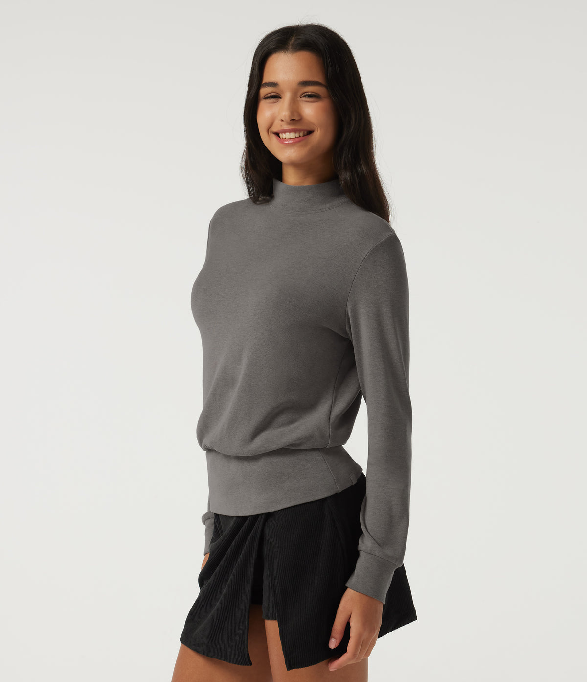 Mock Neck Long Sleeve Casual Top — Mottled Cloud Grey — view 3
