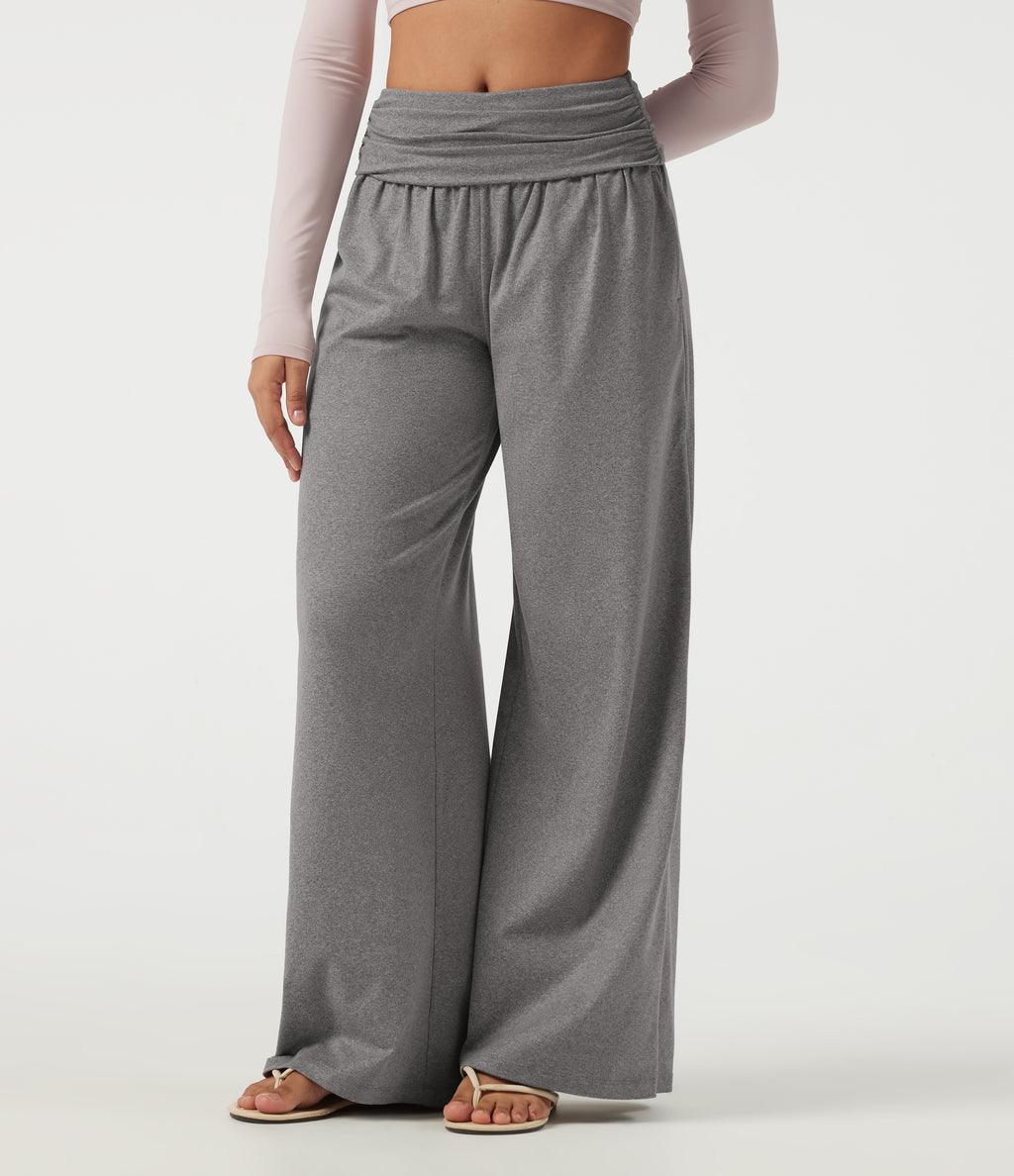 Mid Rise Foldover Ruched Baggy Casual Sweatpants with Pockets — Fog Gray — view 1