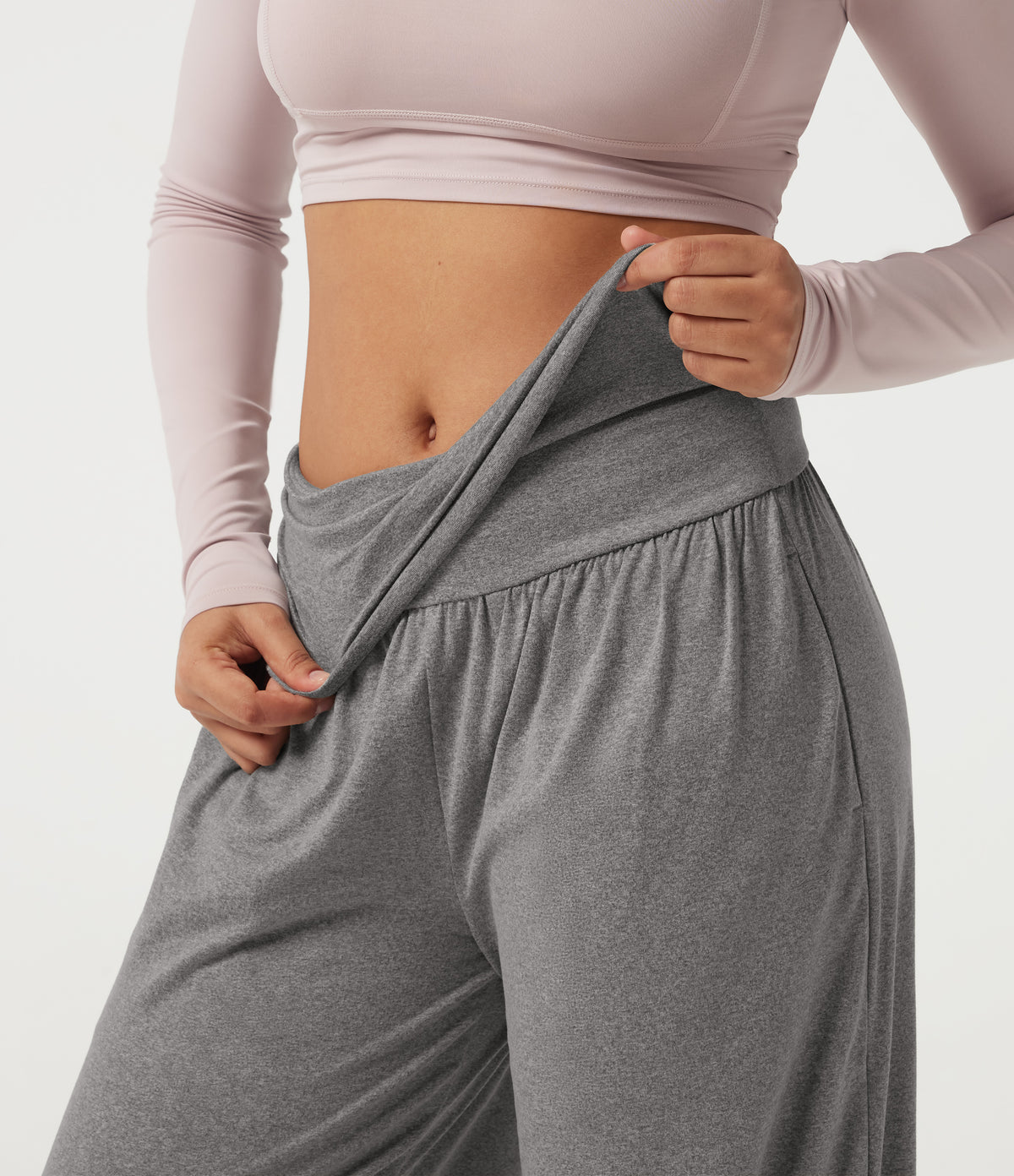 Mid Rise Foldover Ruched Baggy Casual Sweatpants with Pockets — Fog Gray — view 6