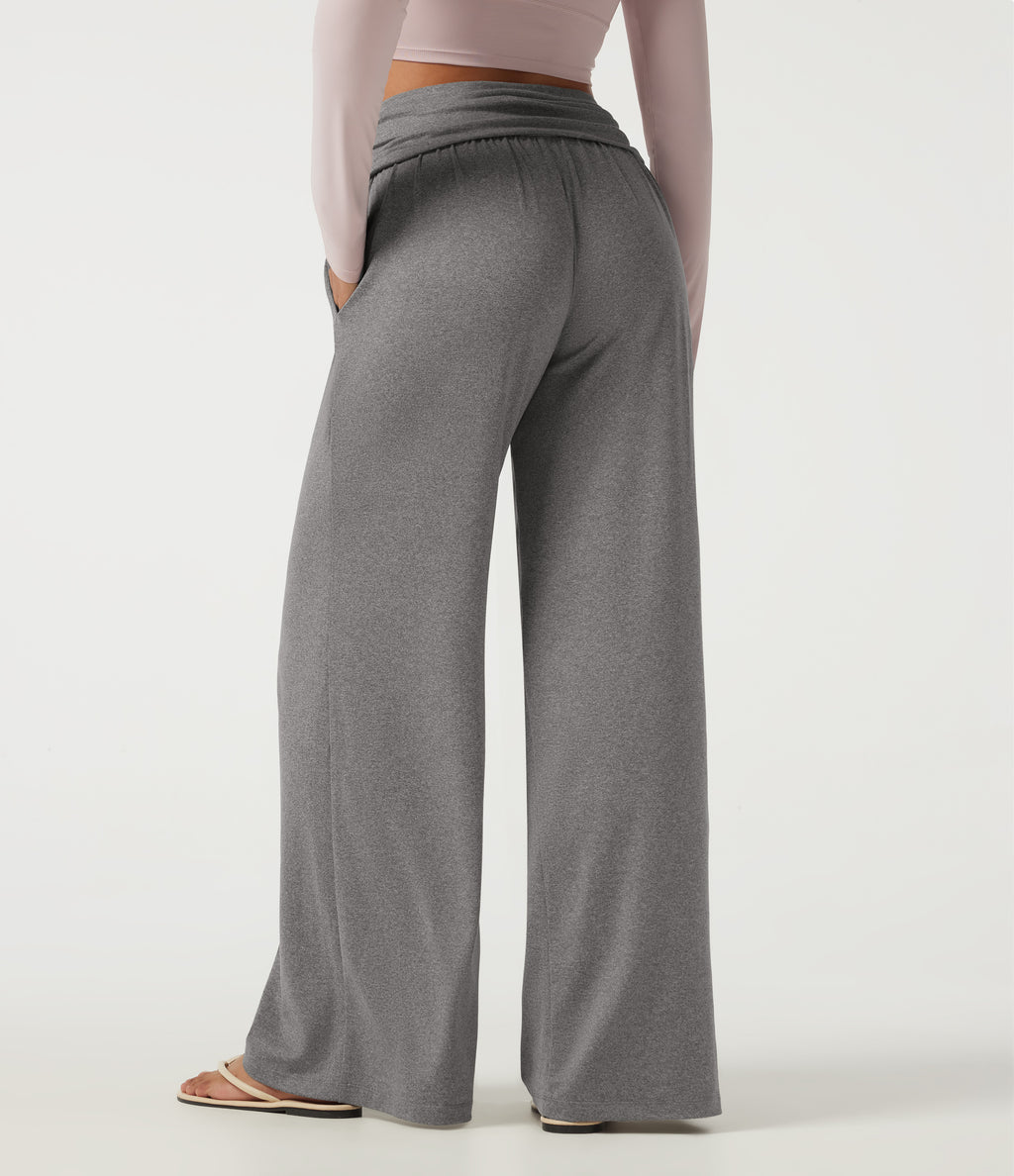 Mid Rise Foldover Ruched Baggy Casual Sweatpants with Pockets — Fog Gray — view 2