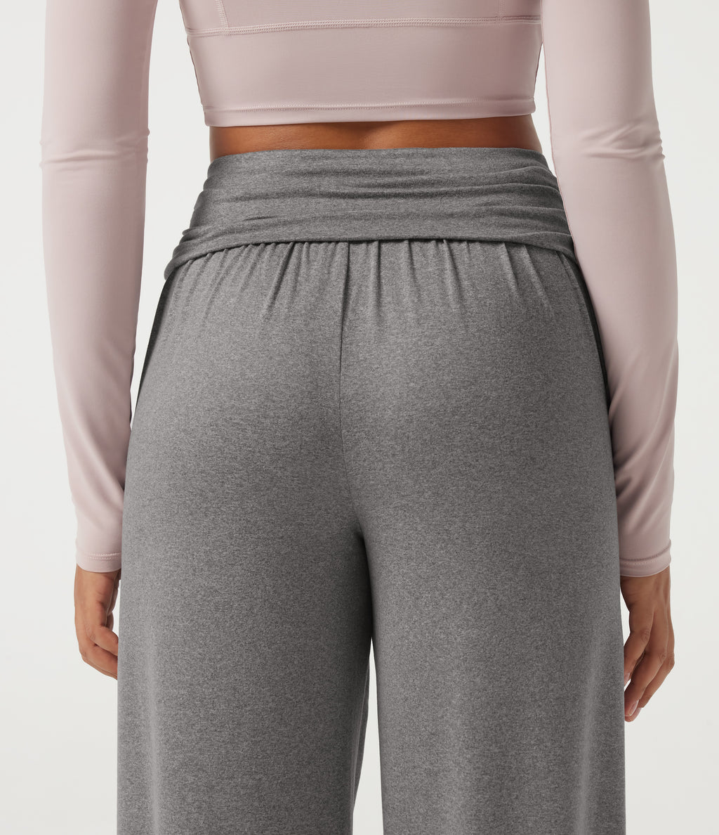 Mid Rise Foldover Ruched Baggy Casual Sweatpants with Pockets — Fog Gray — view 5