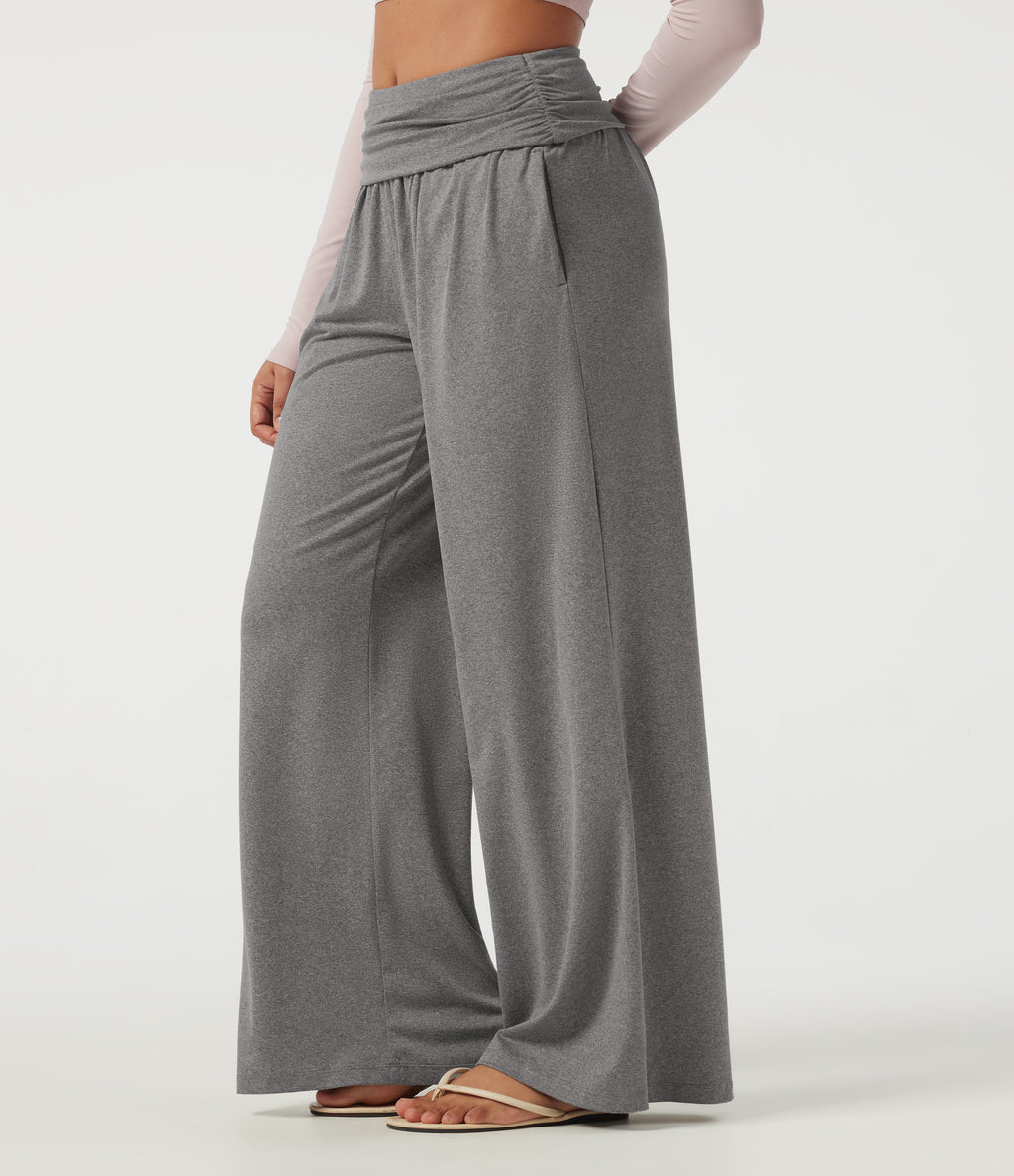 Mid Rise Foldover Ruched Baggy Casual Sweatpants with Pockets — Fog Gray — view 3