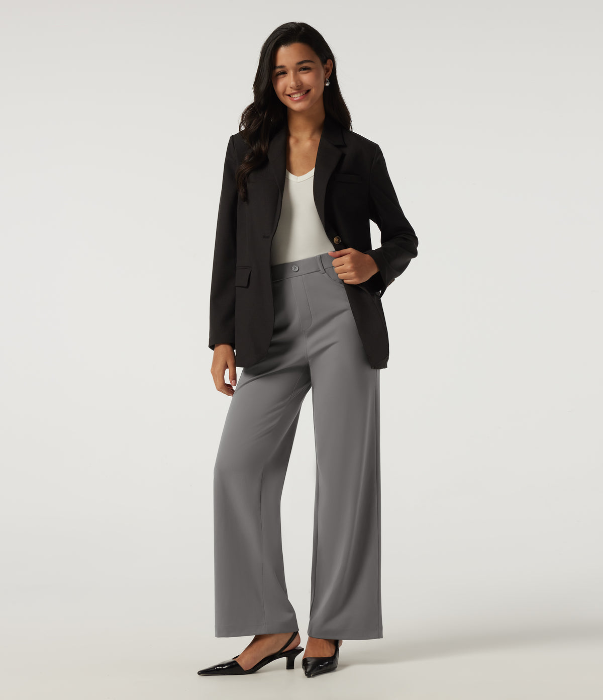 High Waisted Straight Leg Work Trousers with Pockets — Silent Storm — view 7