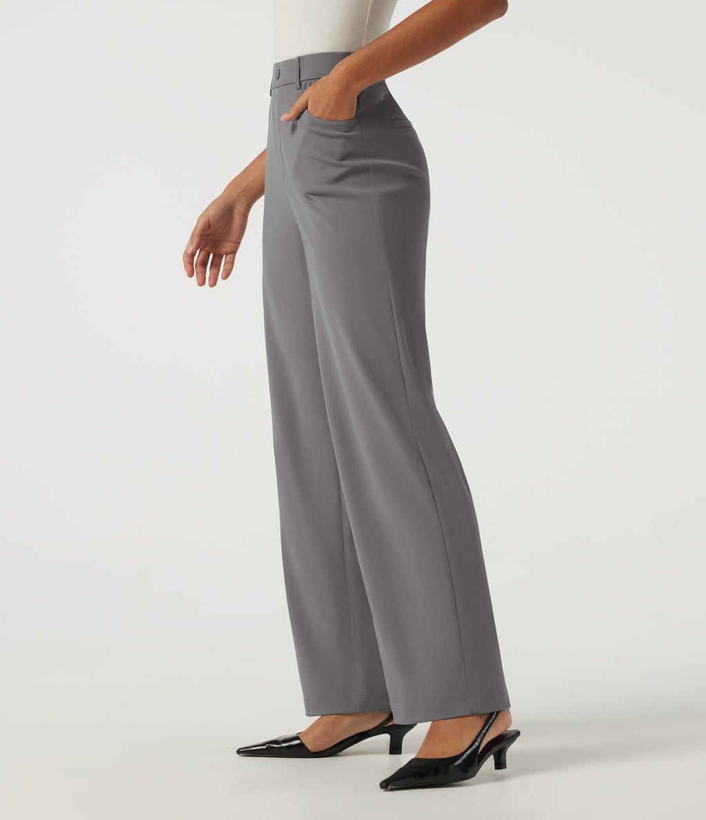 High Waisted Straight Leg Work Trousers with Pockets — Silent Storm — view 3