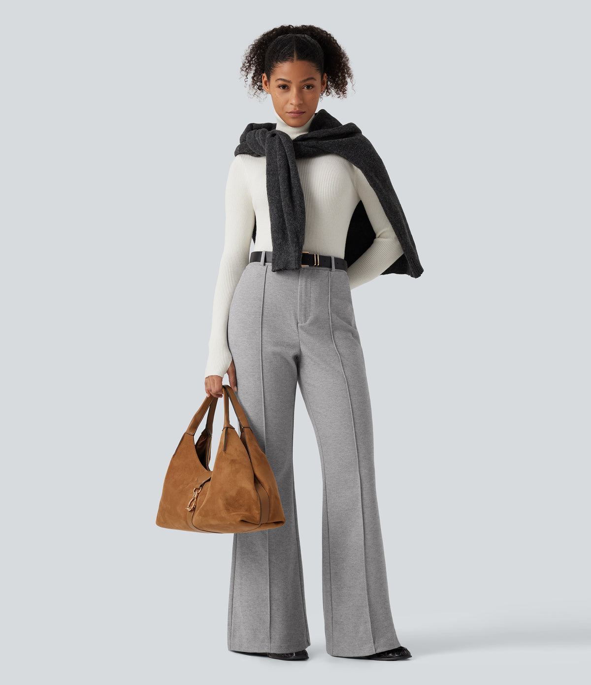 High Waisted Flare Pintuck Work Trousers with Pockets — Drizzle Grey — view 6