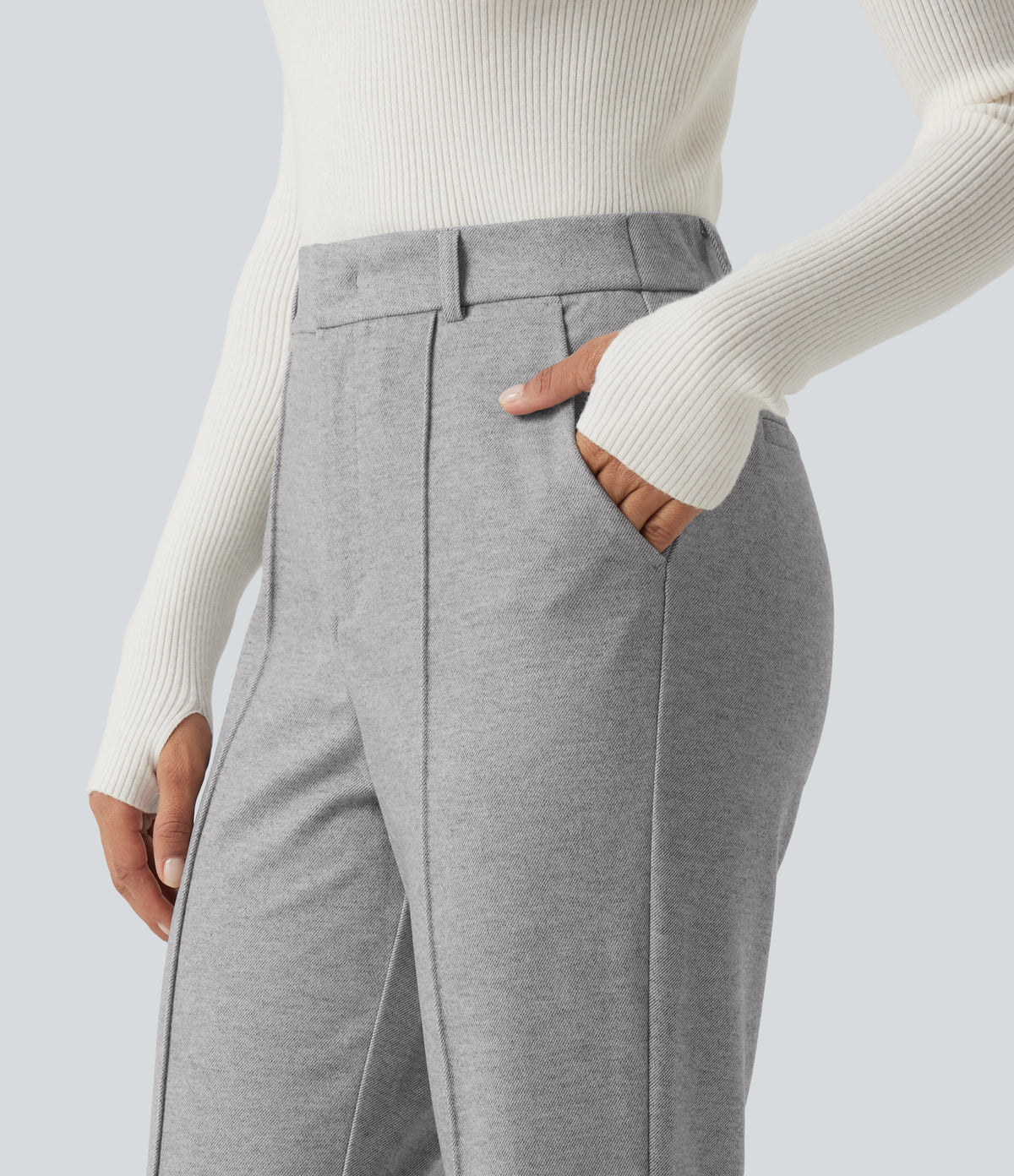 High Waisted Flare Pintuck Work Trousers with Pockets — Drizzle Grey — view 5