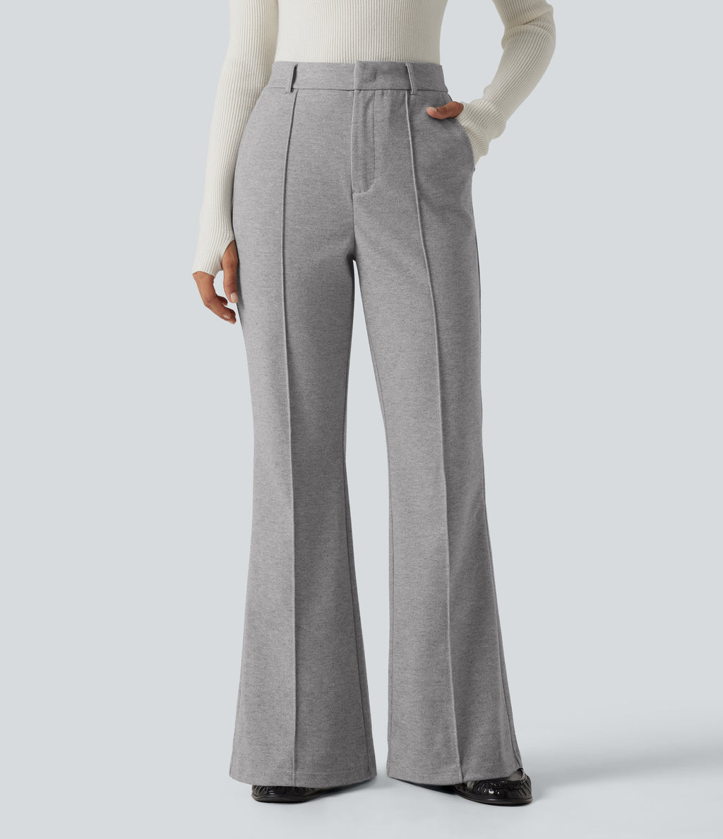 High Waisted Flare Pintuck Work Trousers with Pockets — Drizzle Grey — view 1