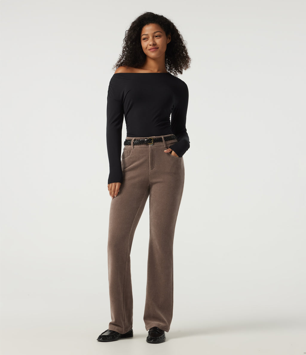 Mid Rise Bootcut Corduroy Casual Trousers with Pockets — Acorn — view 6