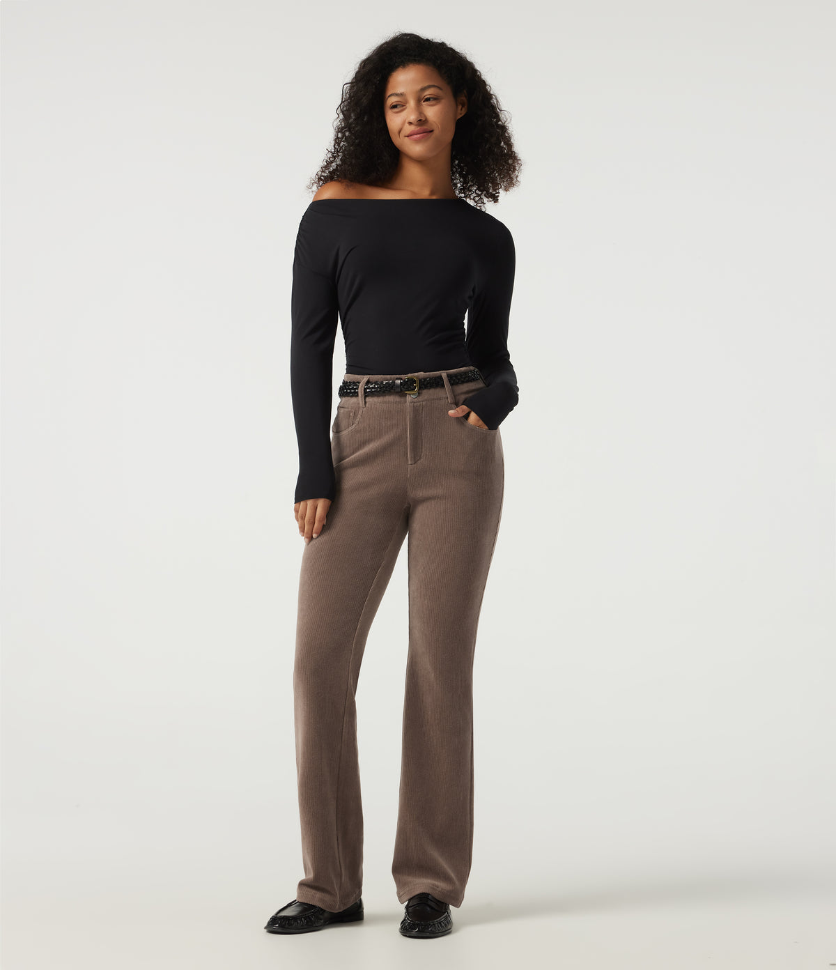 Mid Rise Bootcut Corduroy Casual Trousers with Pockets — Acorn — view 6