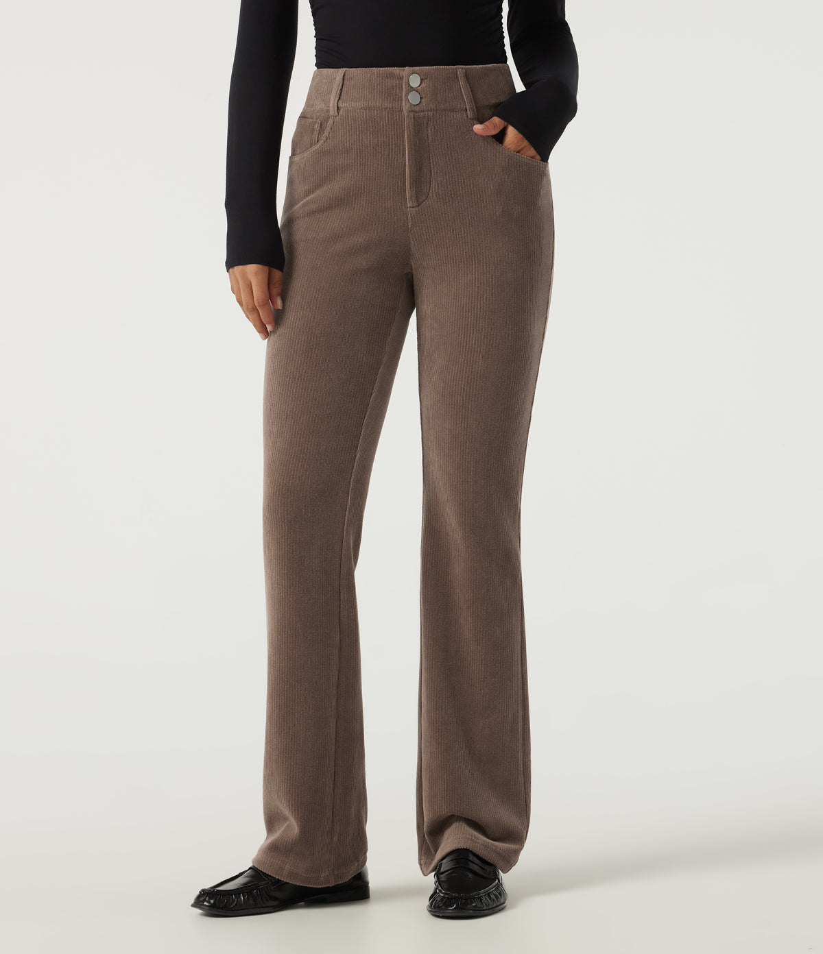 Mid Rise Bootcut Corduroy Casual Trousers with Pockets — Acorn — view 1