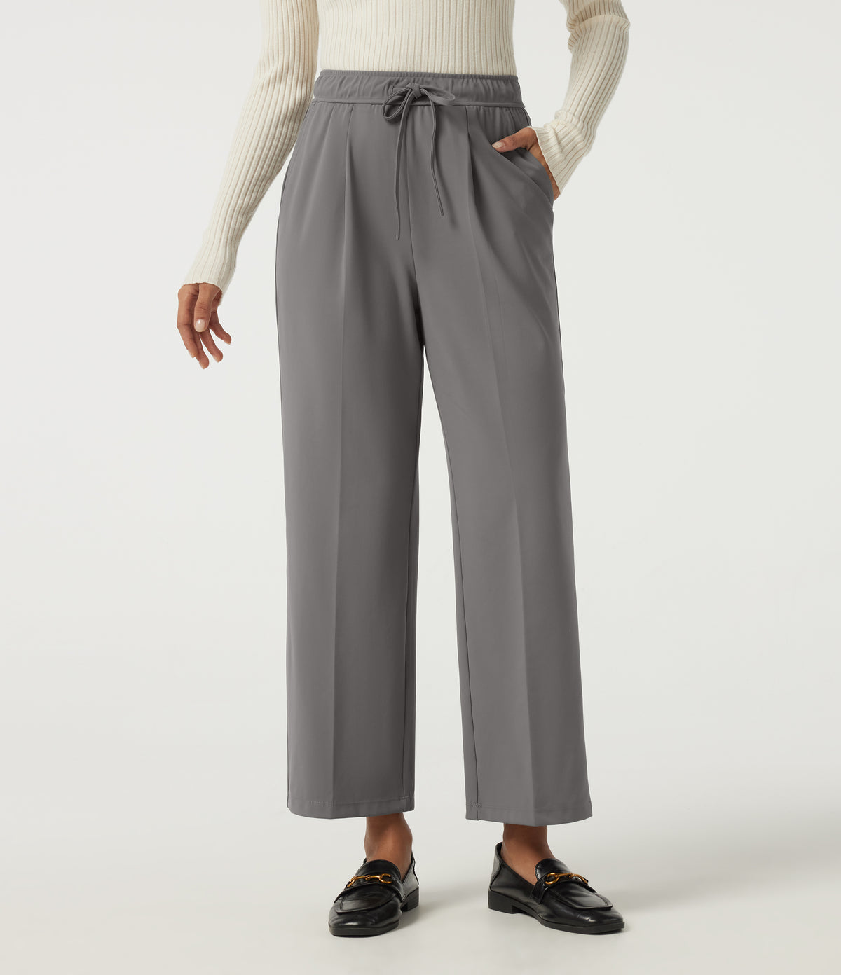High Waisted Drawstring Tapered Pleated Work Trousers with Pockets — Silent Storm — view 3