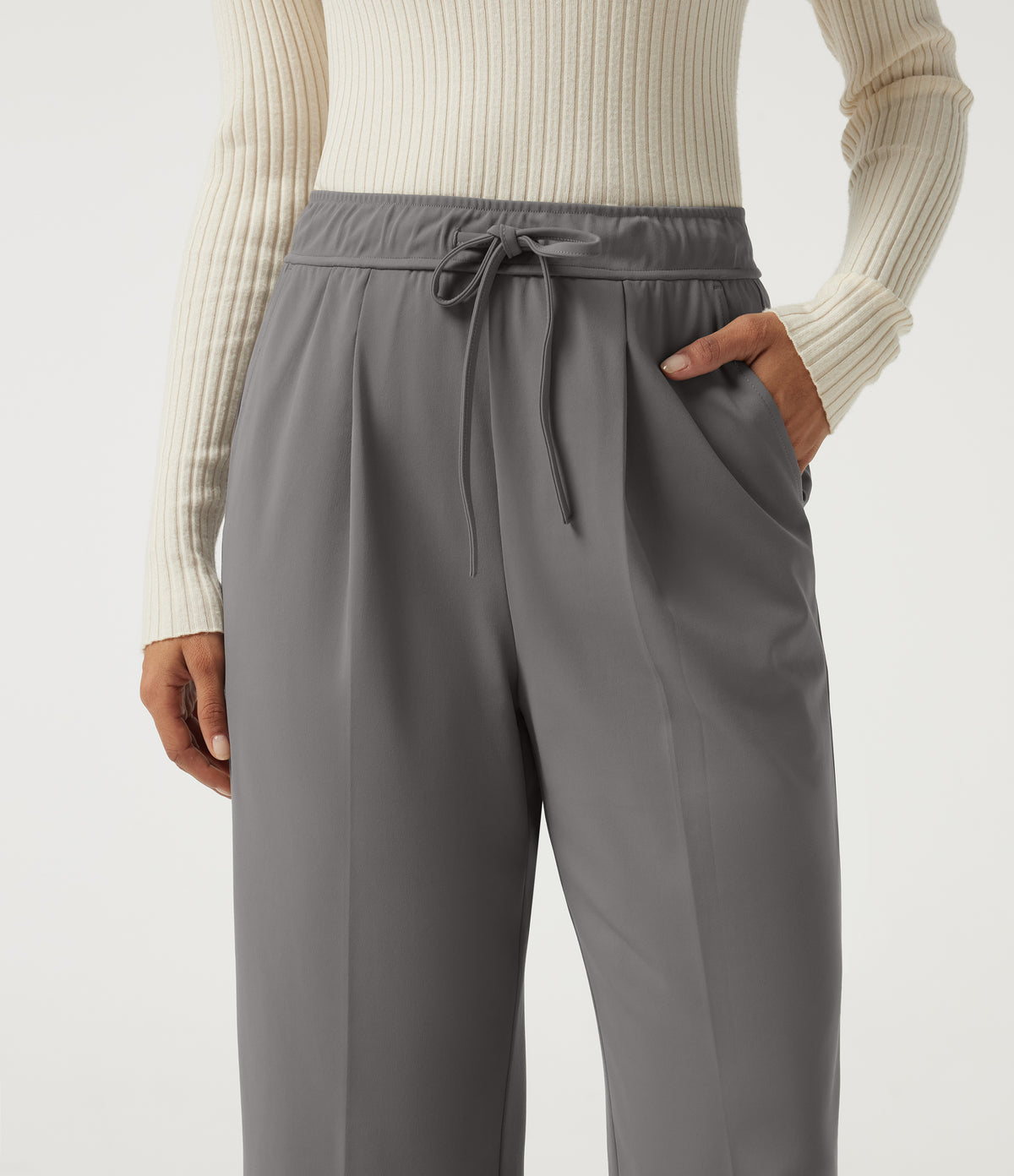 High Waisted Drawstring Tapered Pleated Work Trousers with Pockets — Silent Storm — view 4