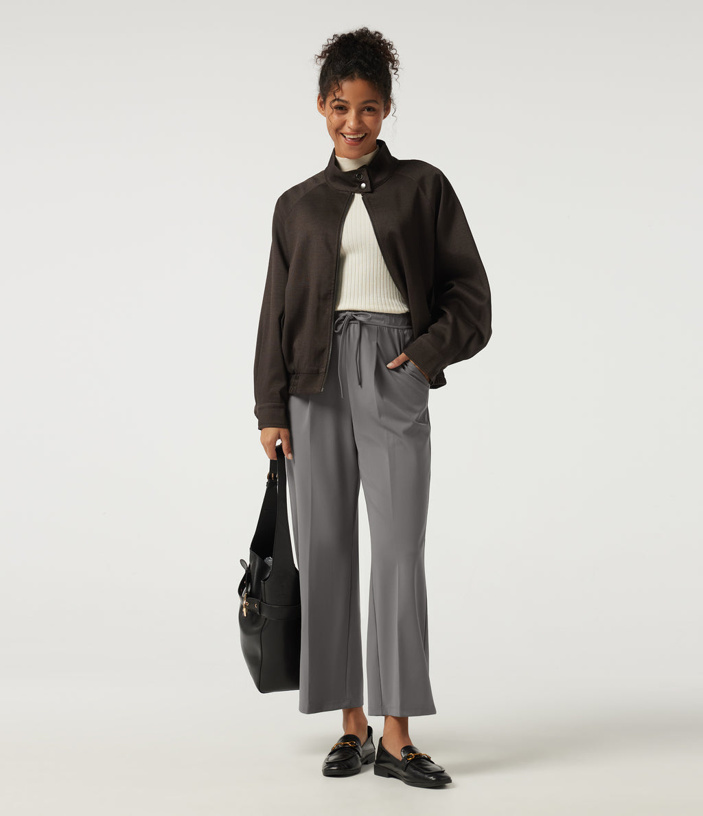 High Waisted Drawstring Tapered Pleated Work Trousers with Pockets — Silent Storm — view 7