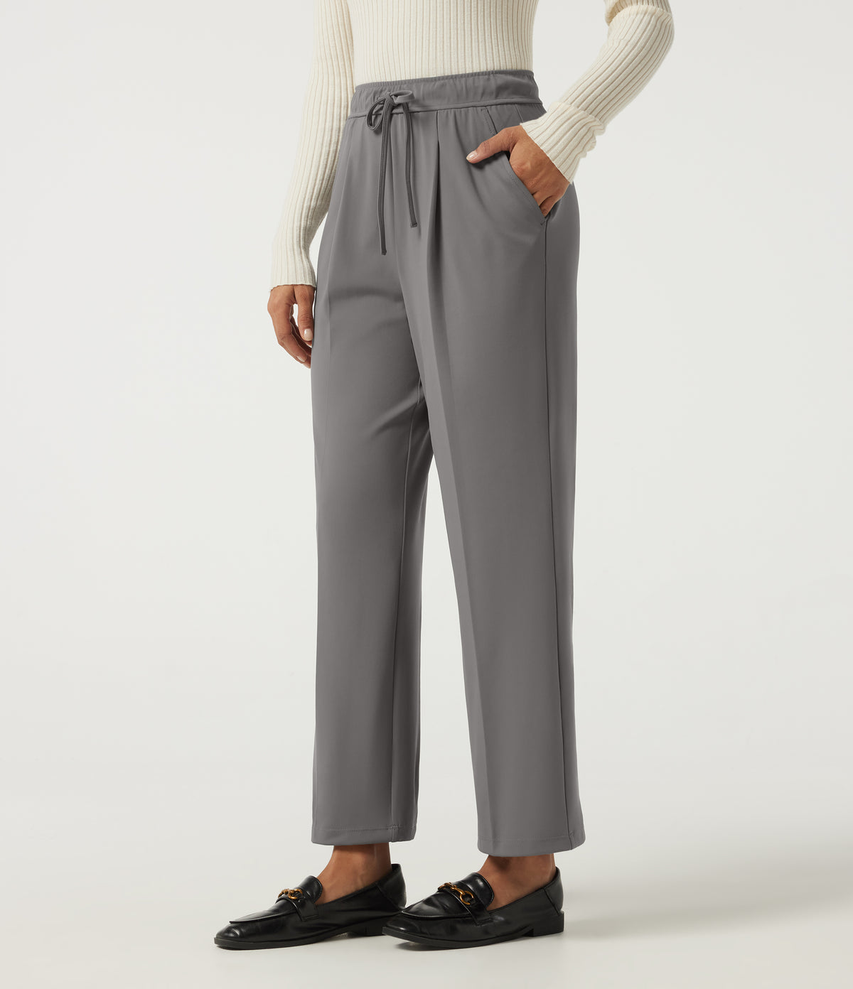 High Waisted Drawstring Tapered Pleated Work Trousers with Pockets — Silent Storm — view 1