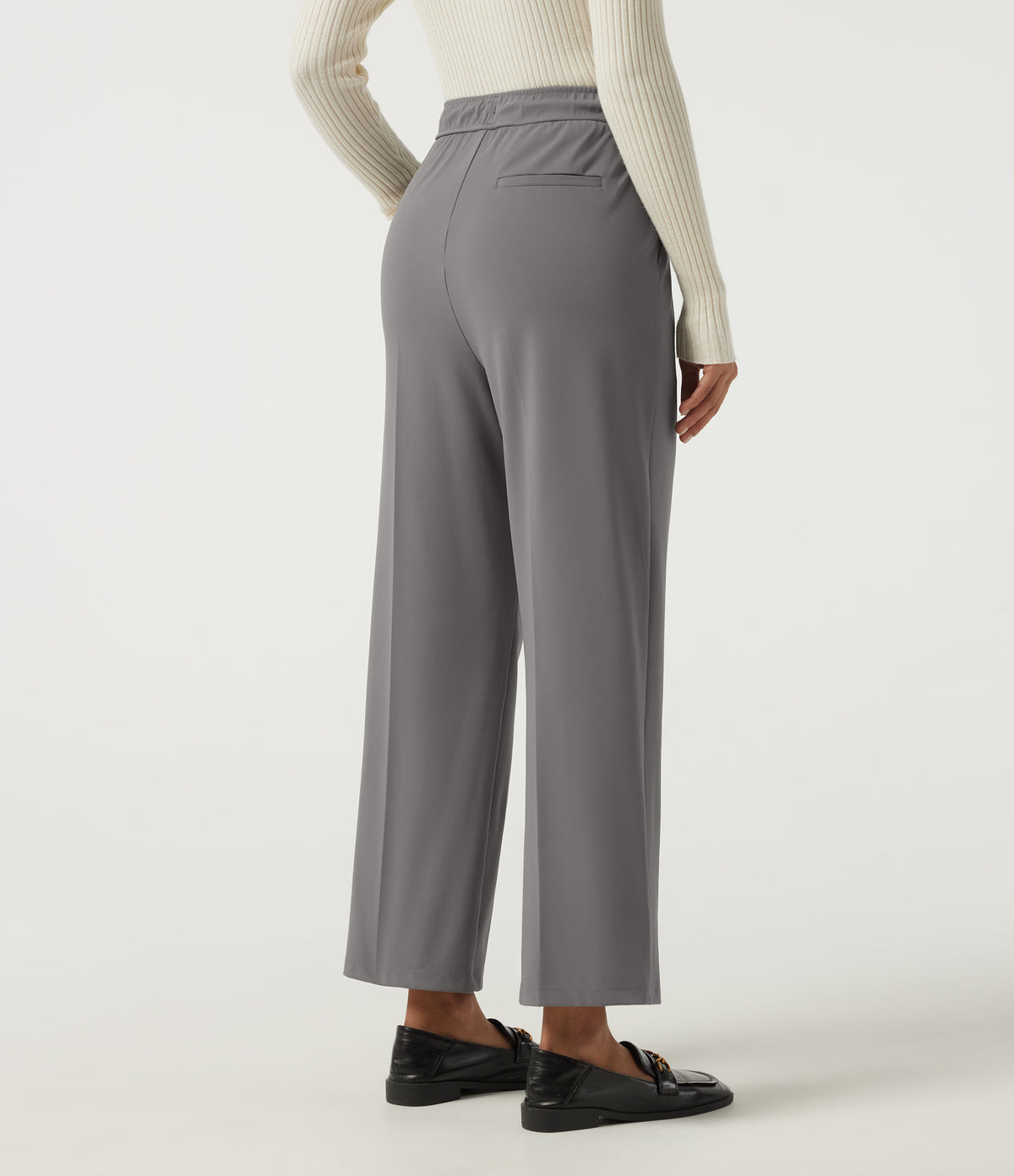 High Waisted Drawstring Tapered Pleated Work Trousers with Pockets — Silent Storm — view 2