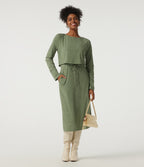 Boat Neck Long Sleeve Drawstring 2-in-1 Casual Midi Dress — Light Green Floral Yarn — view 7