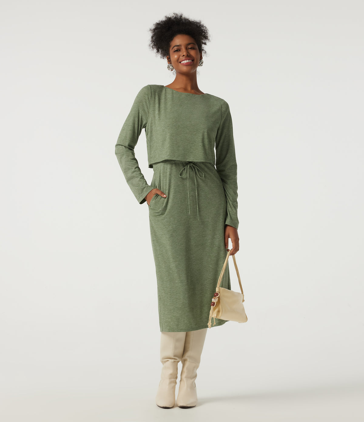 Boat Neck Long Sleeve Drawstring 2-in-1 Casual Midi Dress — Light Green Floral Yarn — view 7