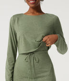 Boat Neck Long Sleeve Drawstring 2-in-1 Casual Midi Dress — Light Green Floral Yarn — view 4