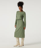 Boat Neck Long Sleeve Drawstring 2-in-1 Casual Midi Dress — Light Green Floral Yarn — view 3