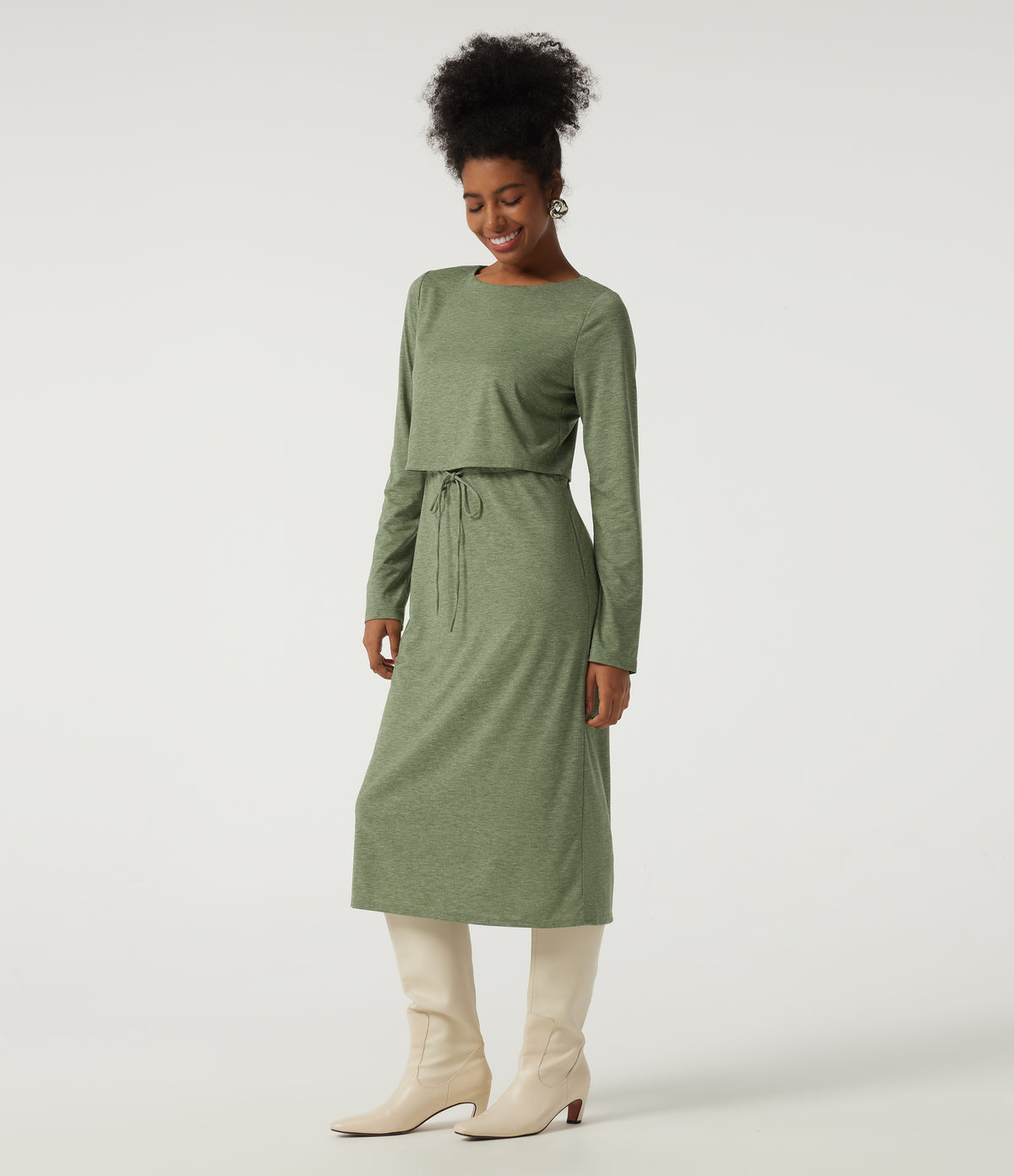 Boat Neck Long Sleeve Drawstring 2-in-1 Casual Midi Dress — Light Green Floral Yarn — view 3