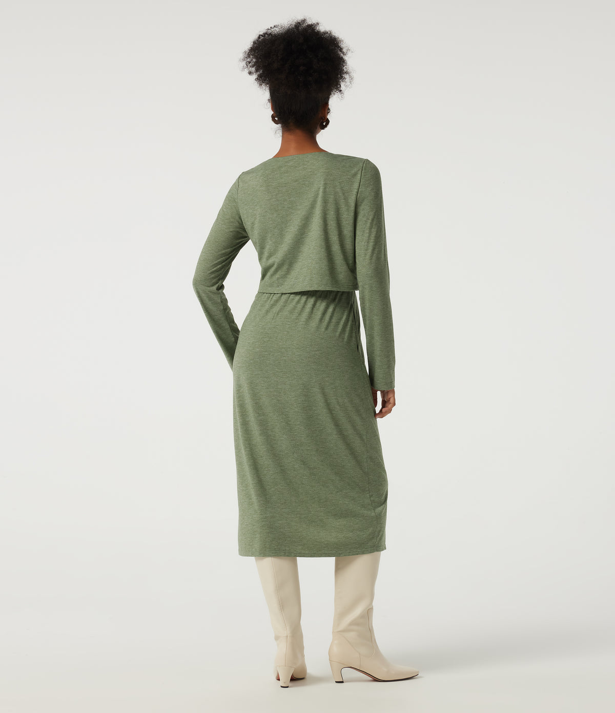 Boat Neck Long Sleeve Drawstring 2-in-1 Casual Midi Dress — Light Green Floral Yarn — view 2