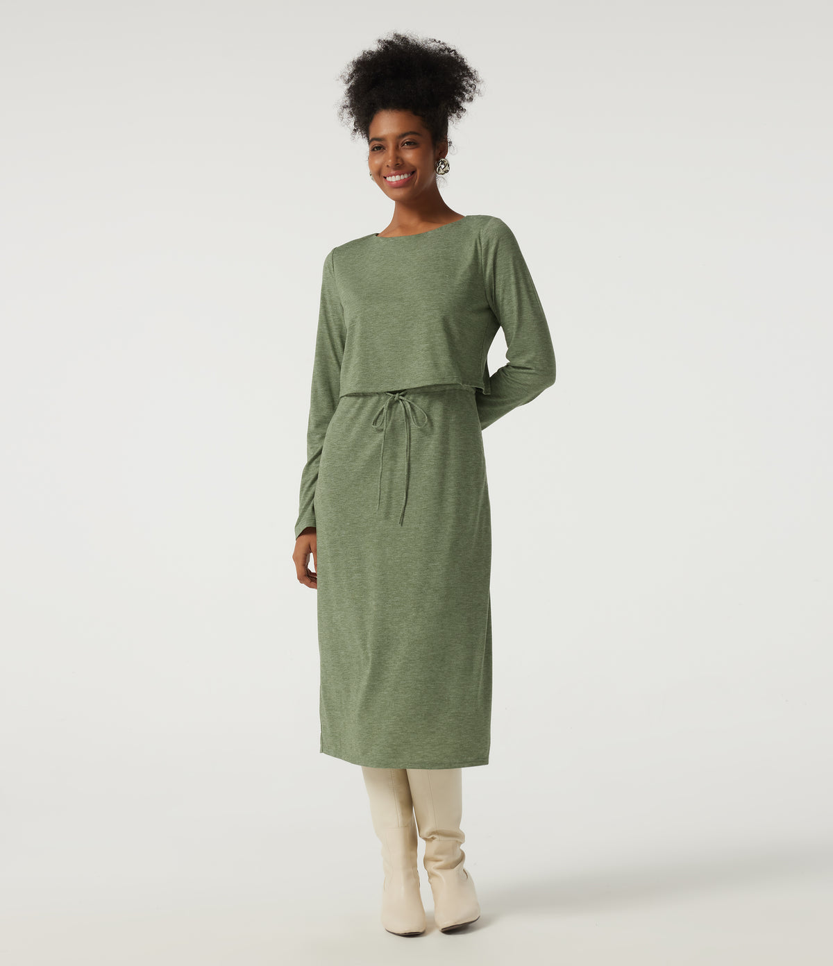 Boat Neck Long Sleeve Drawstring 2-in-1 Casual Midi Dress — Light Green Floral Yarn — view 1