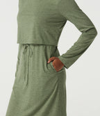 Boat Neck Long Sleeve Drawstring 2-in-1 Casual Midi Dress — Light Green Floral Yarn — view 5