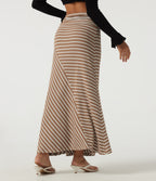 Ribbed Knit Mid Rise Asymmetric Ruched Stripe Maxi Casual Mermaid Skirt — Birch Stripe — view 2