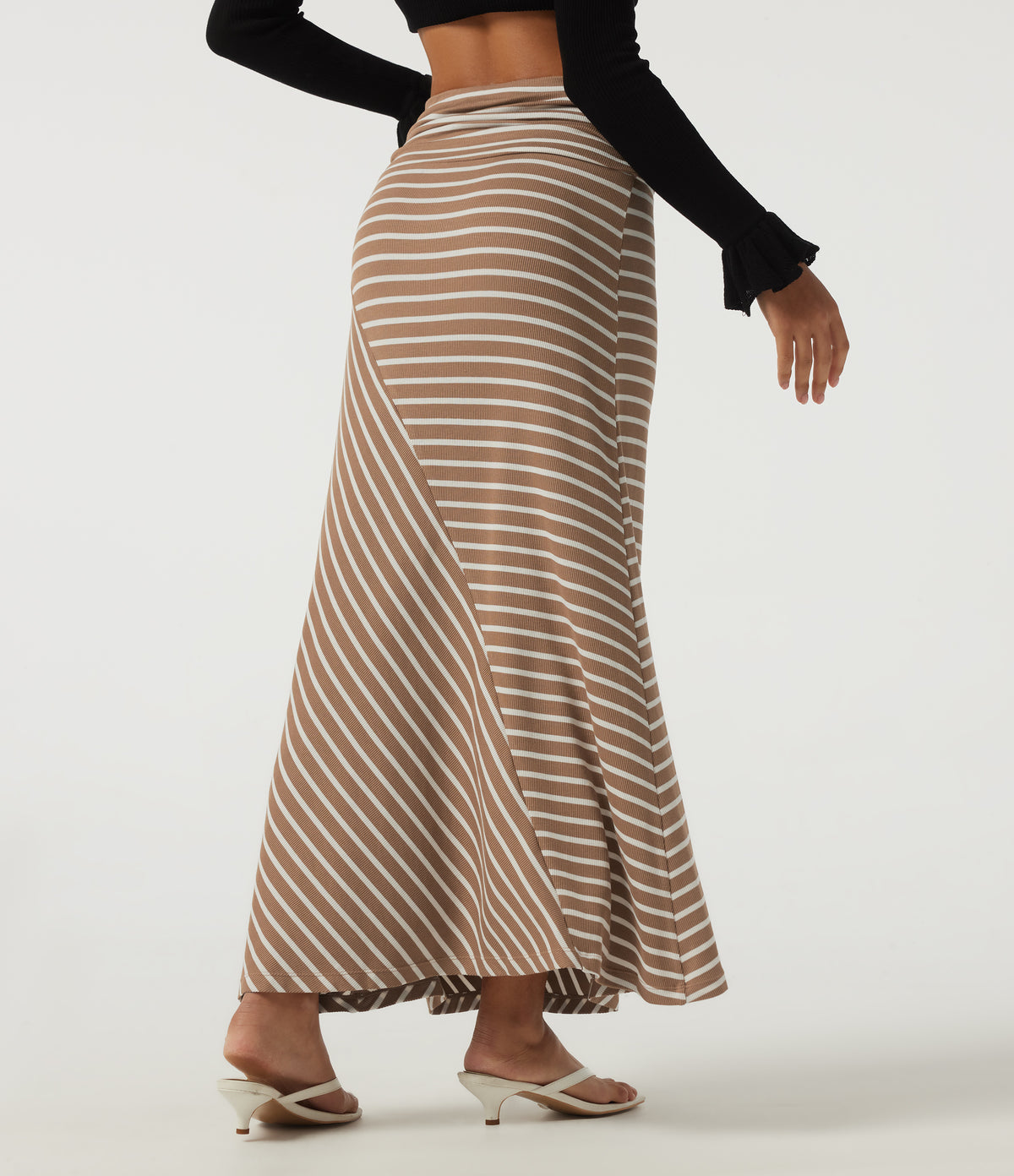 Ribbed Knit Mid Rise Asymmetric Ruched Stripe Maxi Casual Mermaid Skirt — Birch Stripe — view 2