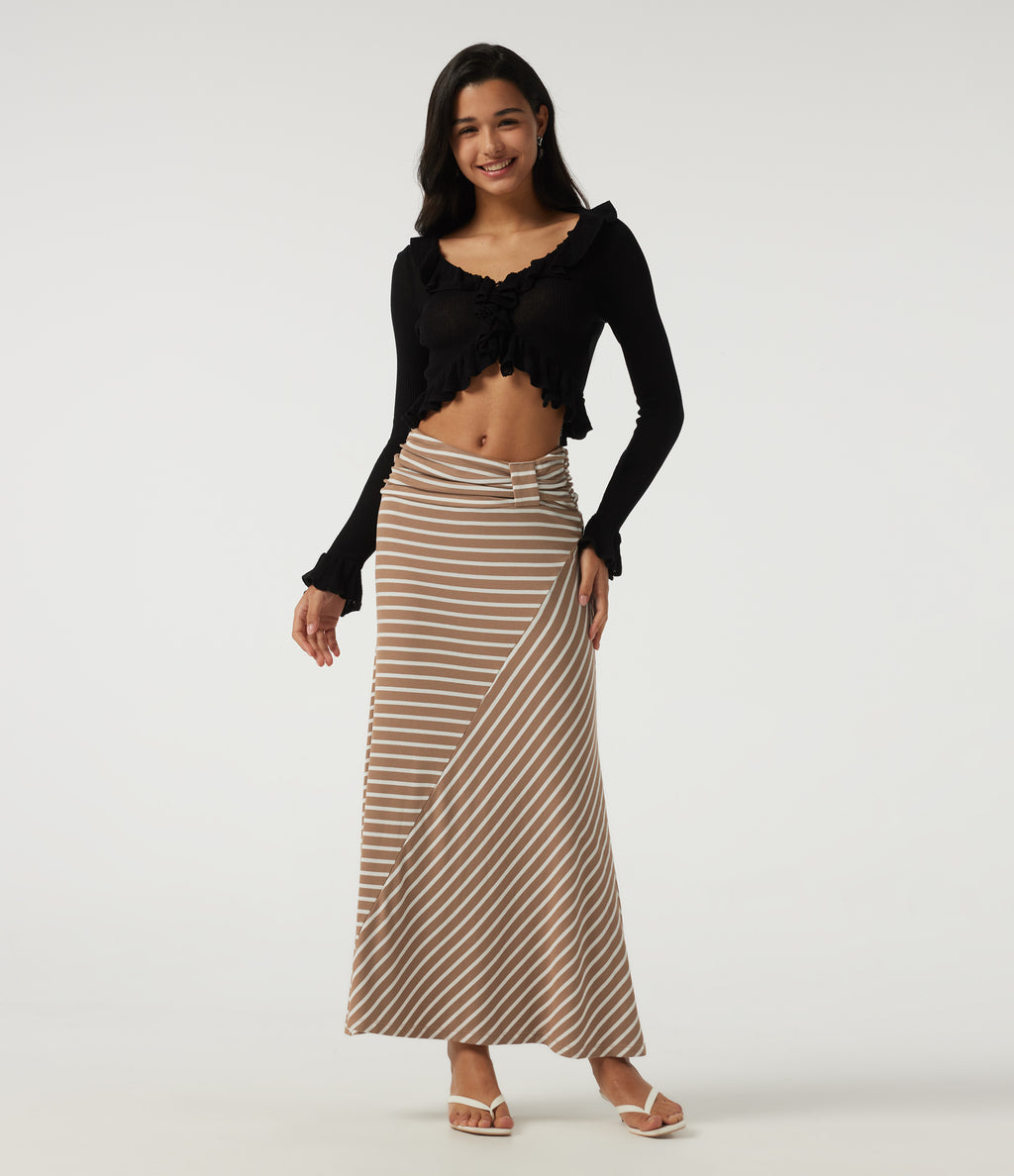 Ribbed Knit Mid Rise Asymmetric Ruched Stripe Maxi Casual Mermaid Skirt — Birch Stripe — view 6