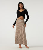 Ribbed Knit Mid Rise Asymmetric Ruched Stripe Maxi Casual Mermaid Skirt — Birch Stripe — view 6